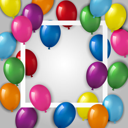 Gray background with realistic colorful helium balloons and square frame. Can be used for posters, invitations, flayers, wallpaper, banners, brochures. Used clipping mask.のイラスト素材