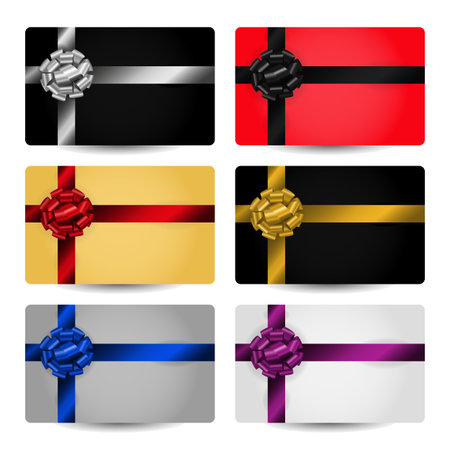 Collection of discount or gift cards with realistic glossy bows and ribbons isolated on white background.のイラスト素材