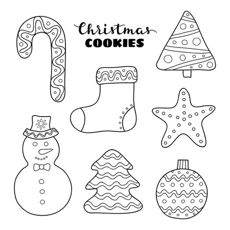 Doodle outline Christmas cookies with decor isolated on white background.のイラスト素材