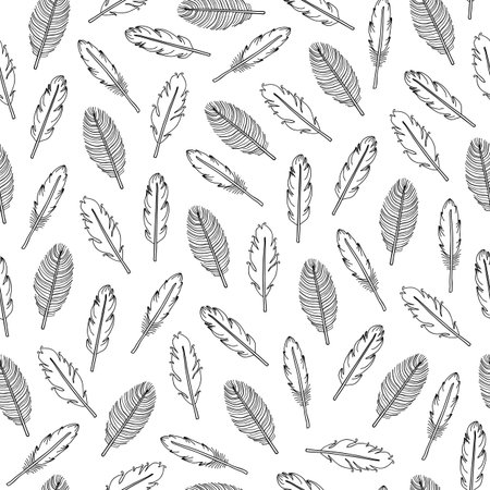 Black and white seamless pattern with hand drawn boho feathers.のイラスト素材