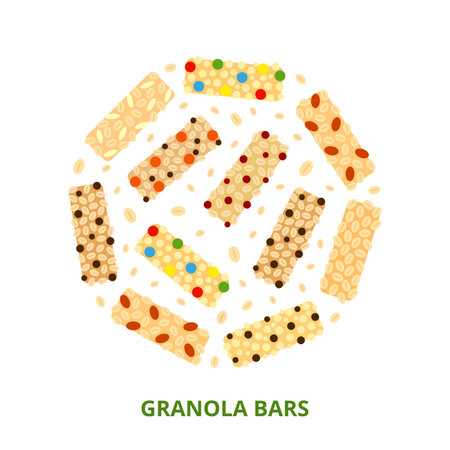 Different flat granola bars composed in circle shape on white background.のイラスト素材