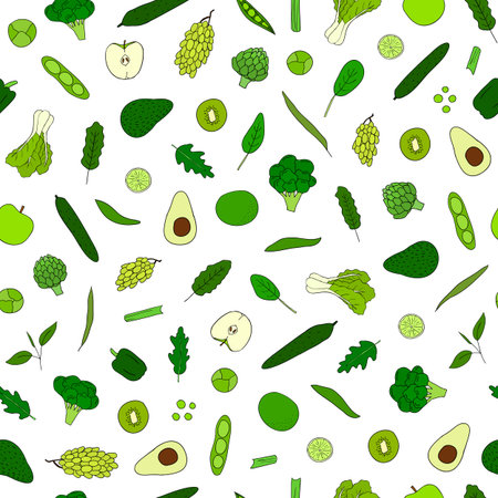 Seamless pattern with hand drawn green vegetables and fruits.のイラスト素材