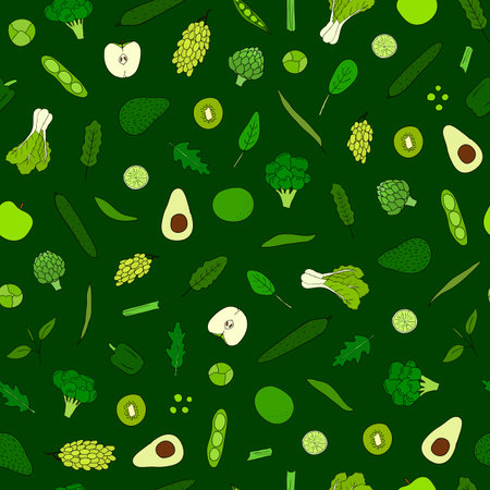 Seamless pattern with hand drawn green vegetables and fruits.のイラスト素材