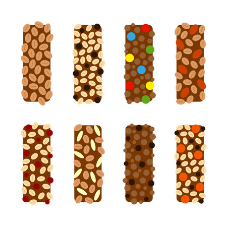 Set of flat chocolate granola bars isolated on white background.のイラスト素材