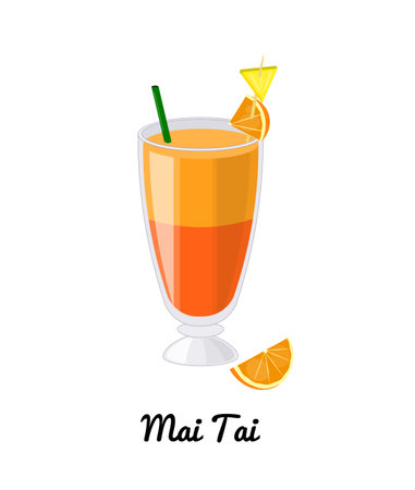 Mai Tai alcoholic cocktail with garnish in cartoon style isolated on white background.のイラスト素材