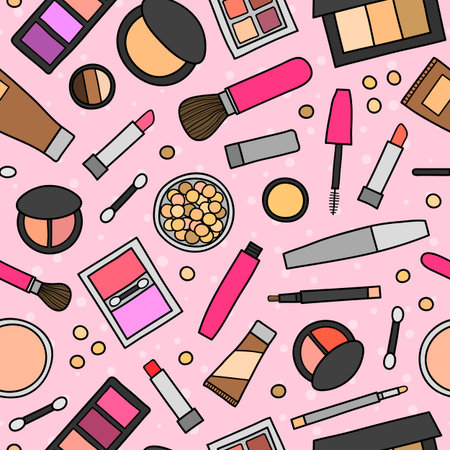 Pink seamless pattern with hand drawn decorative cosmetics.のイラスト素材