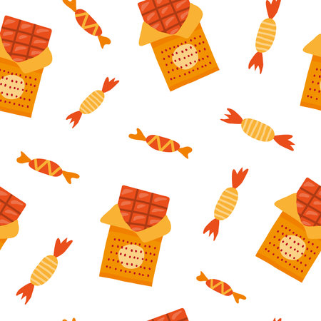 Simple seamless pattern with colorful doodle chocolate bars and candies.のイラスト素材