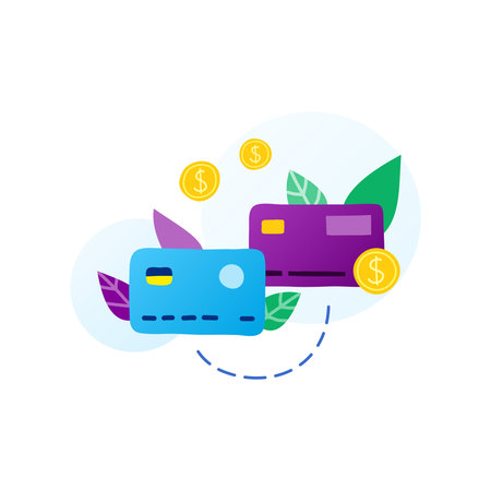 Flat doodle bank cards and leaves in purple, blue, green colors isolated on white background. Money transactions and payments concept.のイラスト素材