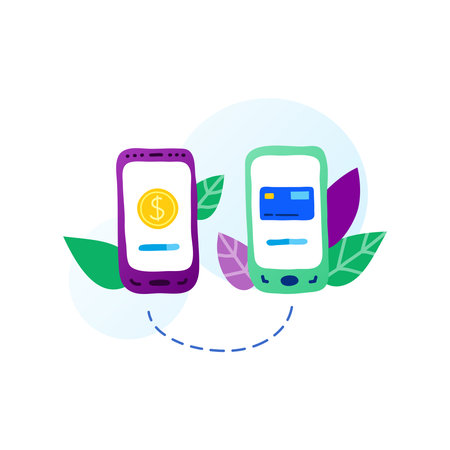 Flat doodle smartphones with dollar coin and bank card on screen, leaves around in purple, blue, green colors isolated on white background. Mobile payments concept.のイラスト素材