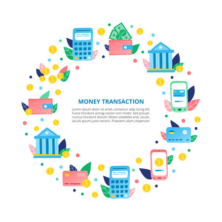 Poster with conceptual flat doodle bank, smartphone, wallet, credit card, coins icons. Money transaction, online banking service, mobile payments and transfers.のイラスト素材