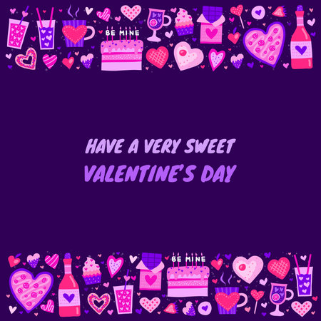 Poster with colorful doodle heart shaped and cute food icons on purple background. Perfect for Valentine s day design.のイラスト素材