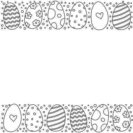 Poster with cute doodle outline Easter eggs and space for text on white background.のイラスト素材