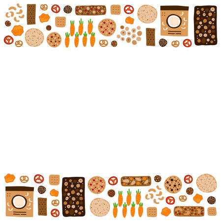 Poster with doodle colored healthy snacks on white background.のイラスト素材