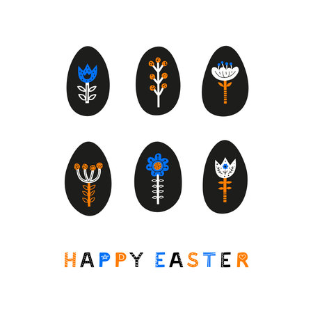 Doodle poster Happy Easter with Scandinavian folk flowers, berries in eggs and lettering isolated on white background. Minimalist Nordic style.のイラスト素材