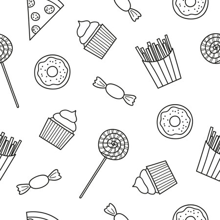 Black and white seamless pattern with doodle outline fast food items.のイラスト素材