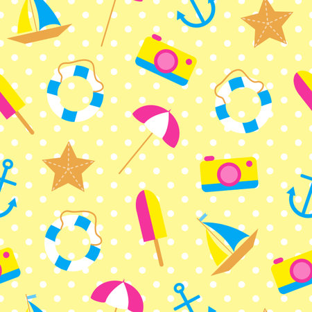 Cute colorful seamless pattern with flat pop art icons on beach theme.