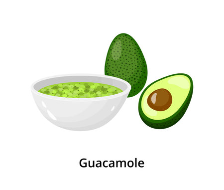 Cartoon green guacamole in bowl with avocado isolated on white background.のイラスト素材