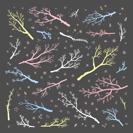 Collection of hand drawn tree branches, twigs with leaves, berries, buds and flowers isolated on the blackboard.のイラスト素材