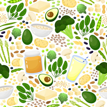 Seamless pattern with cartoon vegan protein sources foods.のイラスト素材