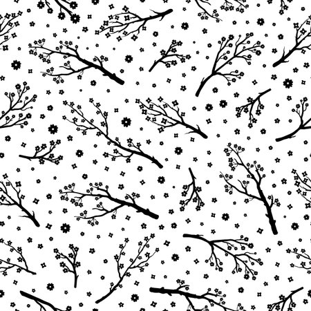 Black and white seamless pattern with sakura or cherry blooming branches and flowers.のイラスト素材