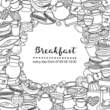 Square background with different uncolored doodle breakfast items and lettering. Detailed frame design. Used clipping mask.のイラスト素材