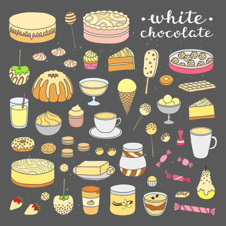 Collection of colored doodle white chocolate and vanilla products, sweets, desserts, cakes, fruits isolated on chalkboard background.のイラスト素材