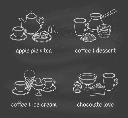 Different groups of desserts and beverages isolated on the blackboard. Vector hand drawn outline illustration.のイラスト素材