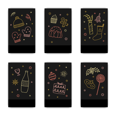 Set of Christmas card templates with outline doodle icons. Can be used for invitations, cards, posters, flayers, brochures, etc.のイラスト素材