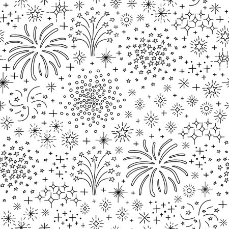 black and white seamless pattern with doodle outline fireworks and petards.のイラスト素材