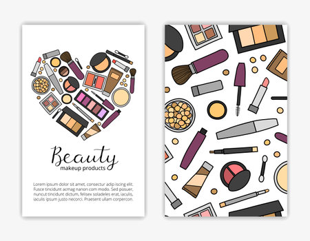 Card templates with doodle colored decorative makeup products. Used clipping mask.のイラスト素材