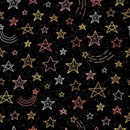 Black seamless pattern with golden, silver and pink outline stars.のイラスト素材
