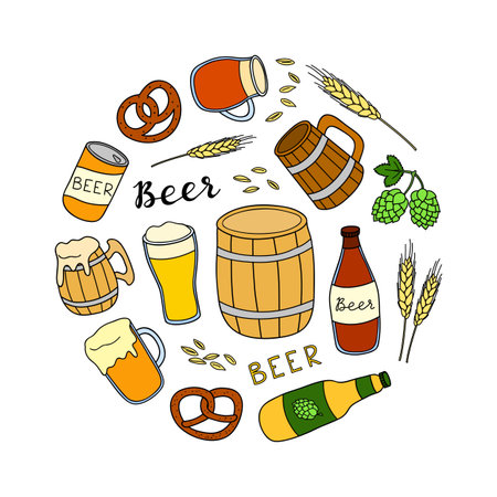 Hand drawn colorful beer items composed in circle shape.のイラスト素材