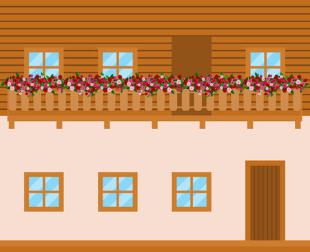 Wall of the Alpine house or chalet with door, windows and balcony in flat style.のイラスト素材