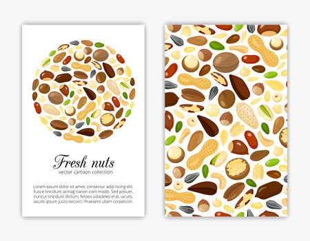 Card templates with cartoon colorful nuts and seeds. Used clipping mask.のイラスト素材