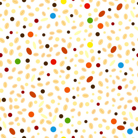 Seamless pattern with flat colorful oat flakes, seeds, candies.のイラスト素材