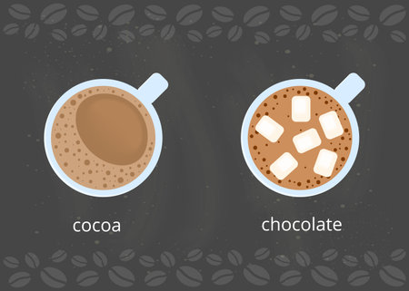 Cocoa and chocolate with marshmallows in cups isolated on chalkboard background. Top view.のイラスト素材