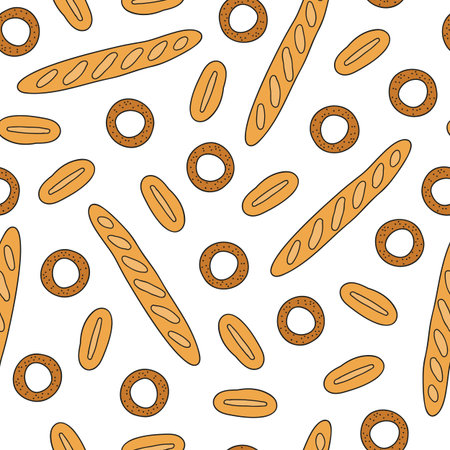 Seamless pattern with hand drawn colored buns, white loafs.のイラスト素材