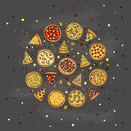 Different doodle colored pizza with ingredients composed in circle shape.のイラスト素材