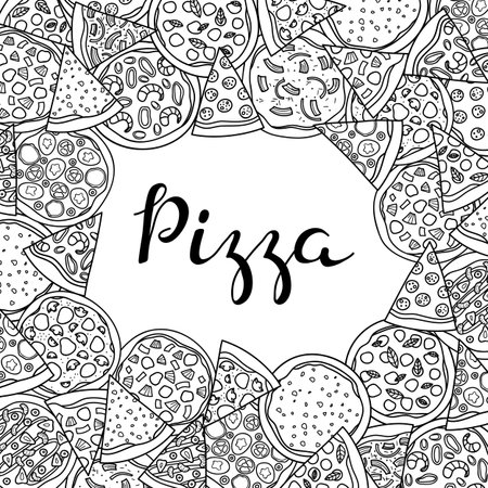 Square background with hand drawn uncolored pizza and lettering. Detailed frame design. Used clipping mask.のイラスト素材