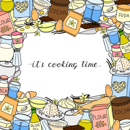 Square background with hand drawn colored cooking ingredients and lettering. Detailed frame design. Used clipping mask.のイラスト素材