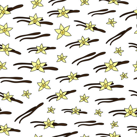 Seamless pattern with hand drawn colored vanilla sticks, flowers.のイラスト素材