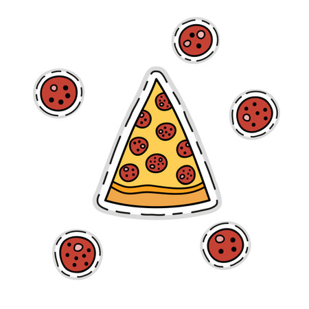 Hand drawn colored sticker of pizza slice and pepperoni isolated on white background.のイラスト素材