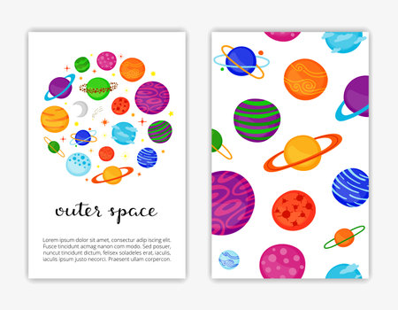 Card templates with colorful cartoon fantastic space planets. Used clipping mask.のイラスト素材