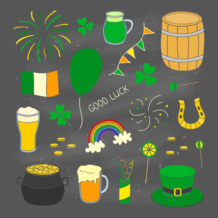 Set of hand drawn colorful items for Saint patrick s day celebration isolated on chalkboard background.のイラスト素材