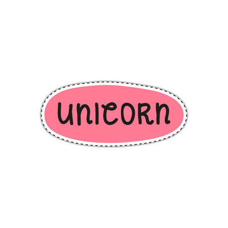 Colorful doodle sticker or patch with text unicorn isolated on white background.のイラスト素材