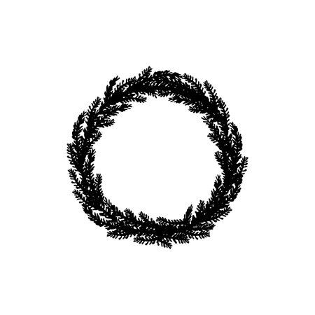 Black round wreath with hand painted fir branches isolated on white background.のイラスト素材