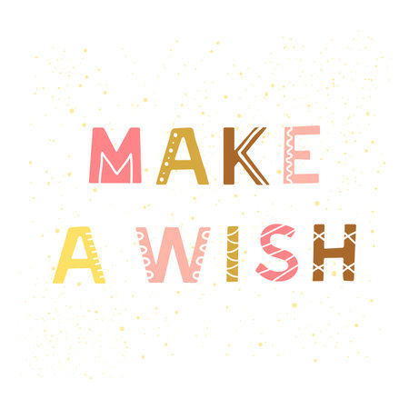 Hand drawn colorful scandinavian lettering make a wish isolated on white background.のイラスト素材