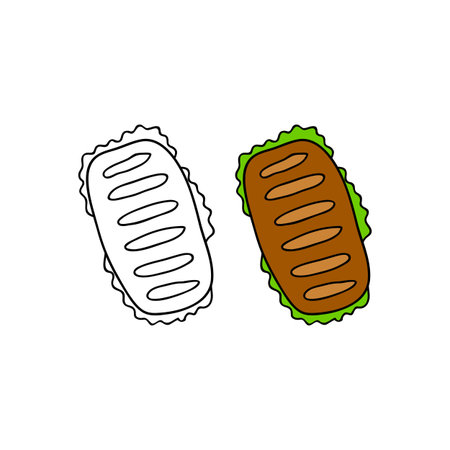 Hand drawn colored and outline long sandwich isolated on white background.のイラスト素材