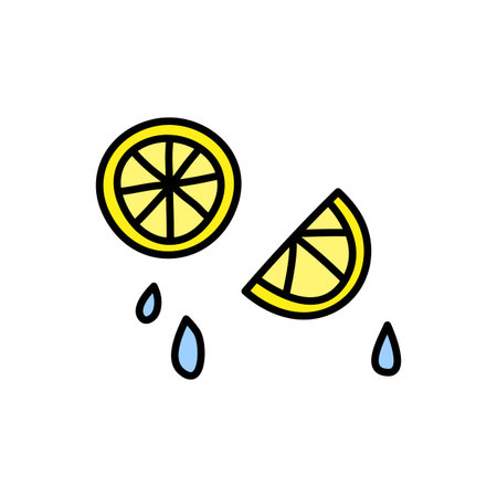 Doodle colored lemon fruit slices with drops isolated on white background.のイラスト素材