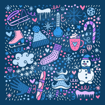 Cute doodle colored winter icons isolated on blue background.のイラスト素材